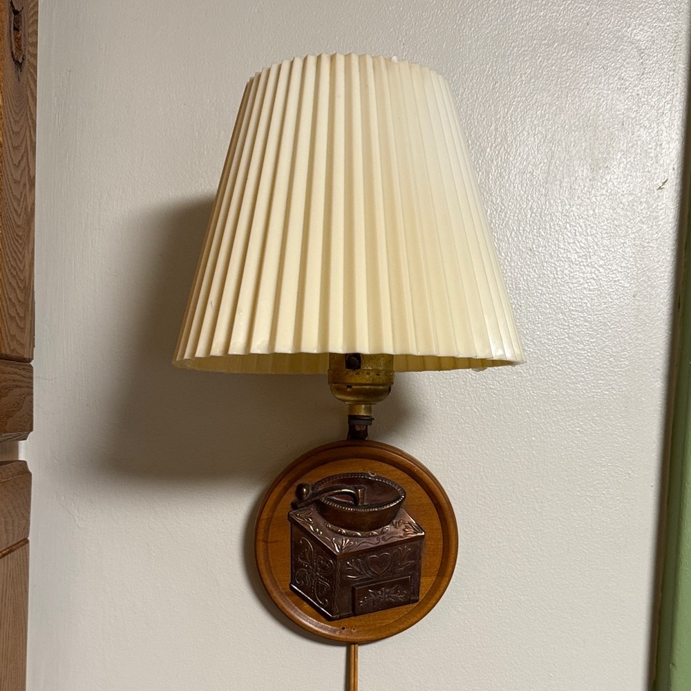 Vintage Wood Wall Lamp w Attached Copper Coffee Grinder Plate Rustic Farmhouse